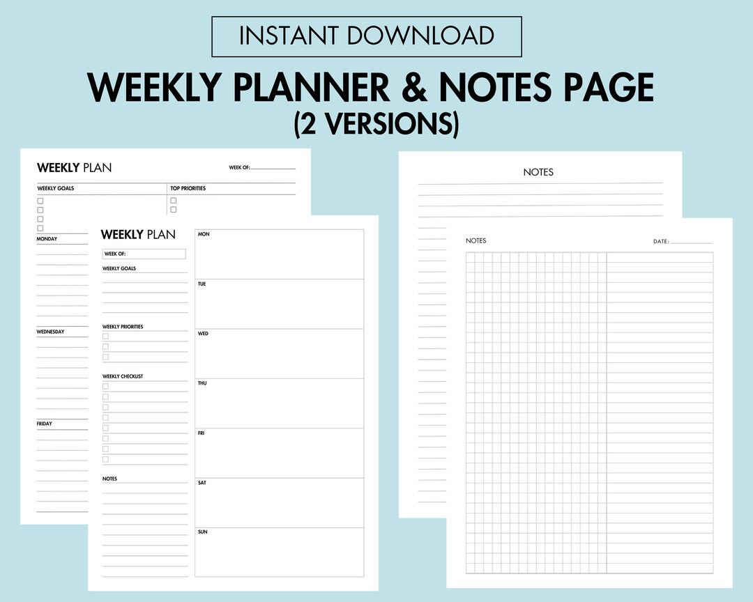 Weekly Planner Undated Printable Notes Page Printable Instant - Etsy