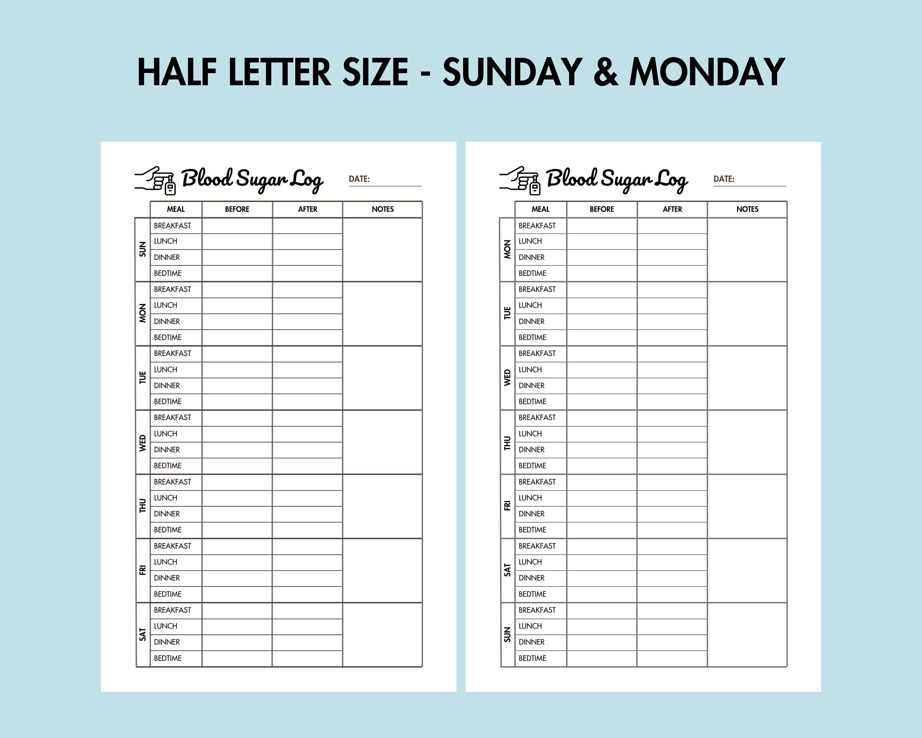 Blood Sugar Log Printable Weekly Diabetes Tracker, Blood Sugar Journal ...