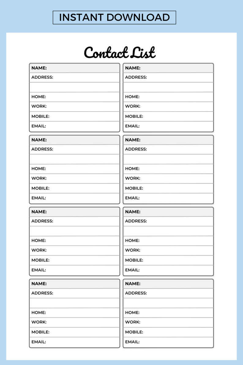 Contact List Printable Personal Contact Organizer Emergency Contact List PDF, Contact ...
