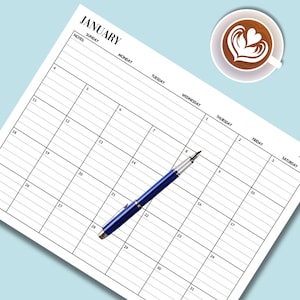 May include: A white paper calendar for January 2026 with a blue pen and a cup of coffee with latte art. The calendar is open to the first week of the month. The pen is blue with silver accents.