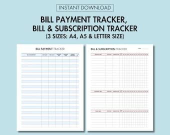 May include: Printable bill payment and subscription tracker in three sizes: A4, A5, and letter. The tracker has columns for bill description, due date, paid date, amount due, amount paid, and remaining balance.