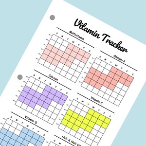 May include: A printable vitamin tracker with a grid for each day of the week. The tracker includes sections for multivitamin, omega-3, calcium, vitamin C, vitamin D, and hair and nail vitamins.