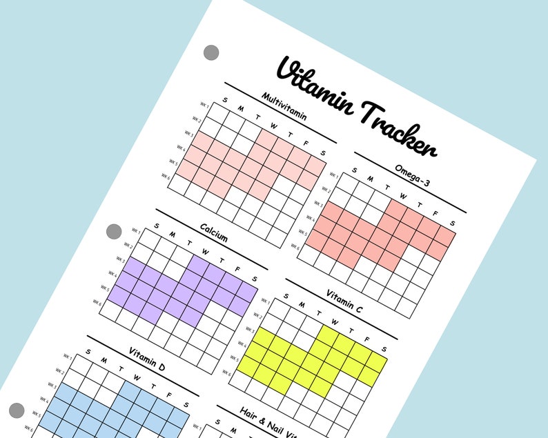 May include: A printable vitamin tracker with a grid for each day of the week. The tracker includes sections for multivitamin, omega-3, calcium, vitamin C, vitamin D, and hair and nail vitamins.