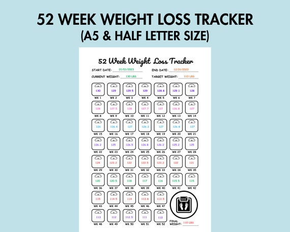 Weight Loss Tracker Printable, Weightloss Challenge, Weekly Body Measurement PDF, 52 Week Weight Tracker, A5 Health and Wellness