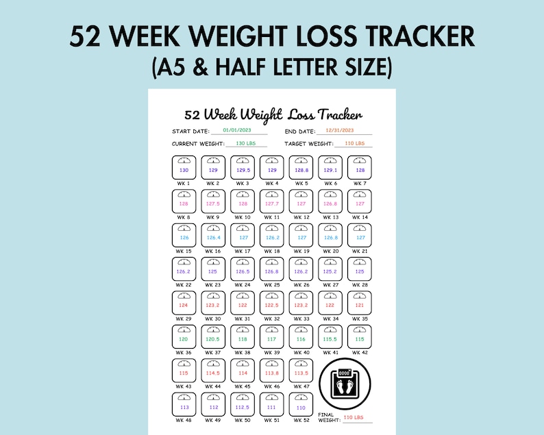 May include: A black and white printable weight loss tracker with a scale icon. The tracker is designed for 52 weeks and includes a space to record your starting weight, target weight, and weekly weight. The tracker is labeled "52 Week Weight Loss Tracker (A5 & Half Letter Size)".