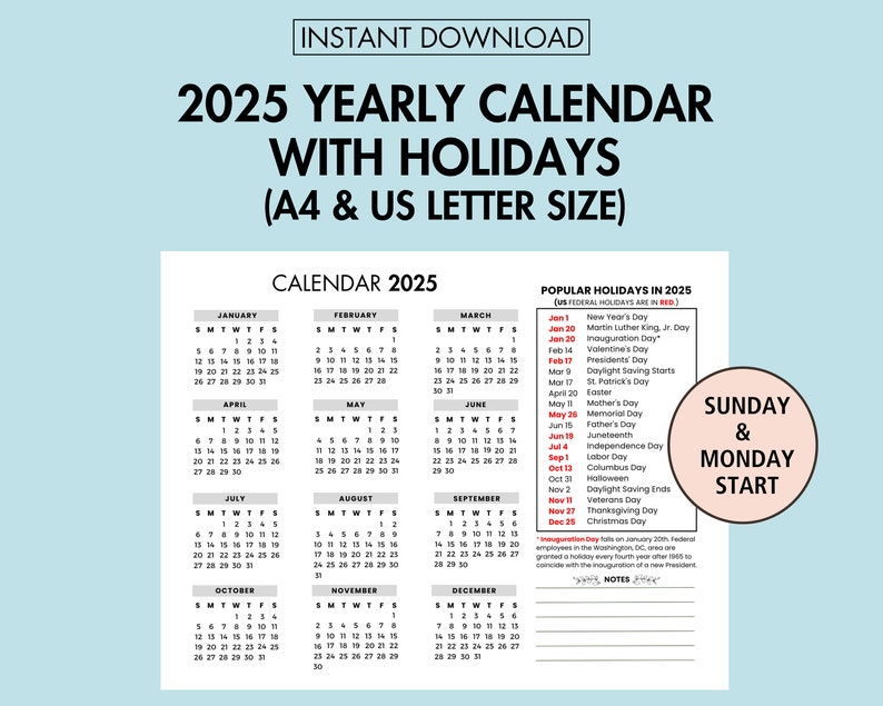 2025 Yearly Calendar With Holiday 2025 Yearly Overview, 2025 Year at a Glance Printable 2025