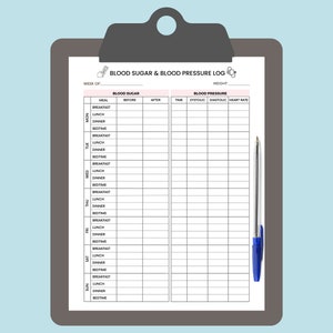 May include: A printable blood sugar and blood pressure log with a weekly calendar, meal times, and columns for recording blood sugar levels before and after meals, blood pressure readings, and heart rate.