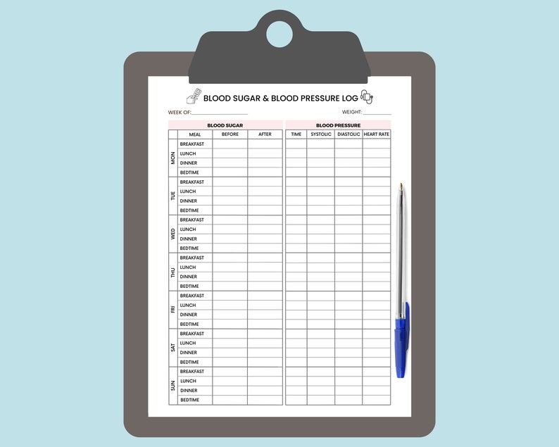 May include: A printable blood sugar and blood pressure log with a weekly calendar, meal times, and columns for recording blood sugar levels before and after meals, blood pressure readings, and heart rate.