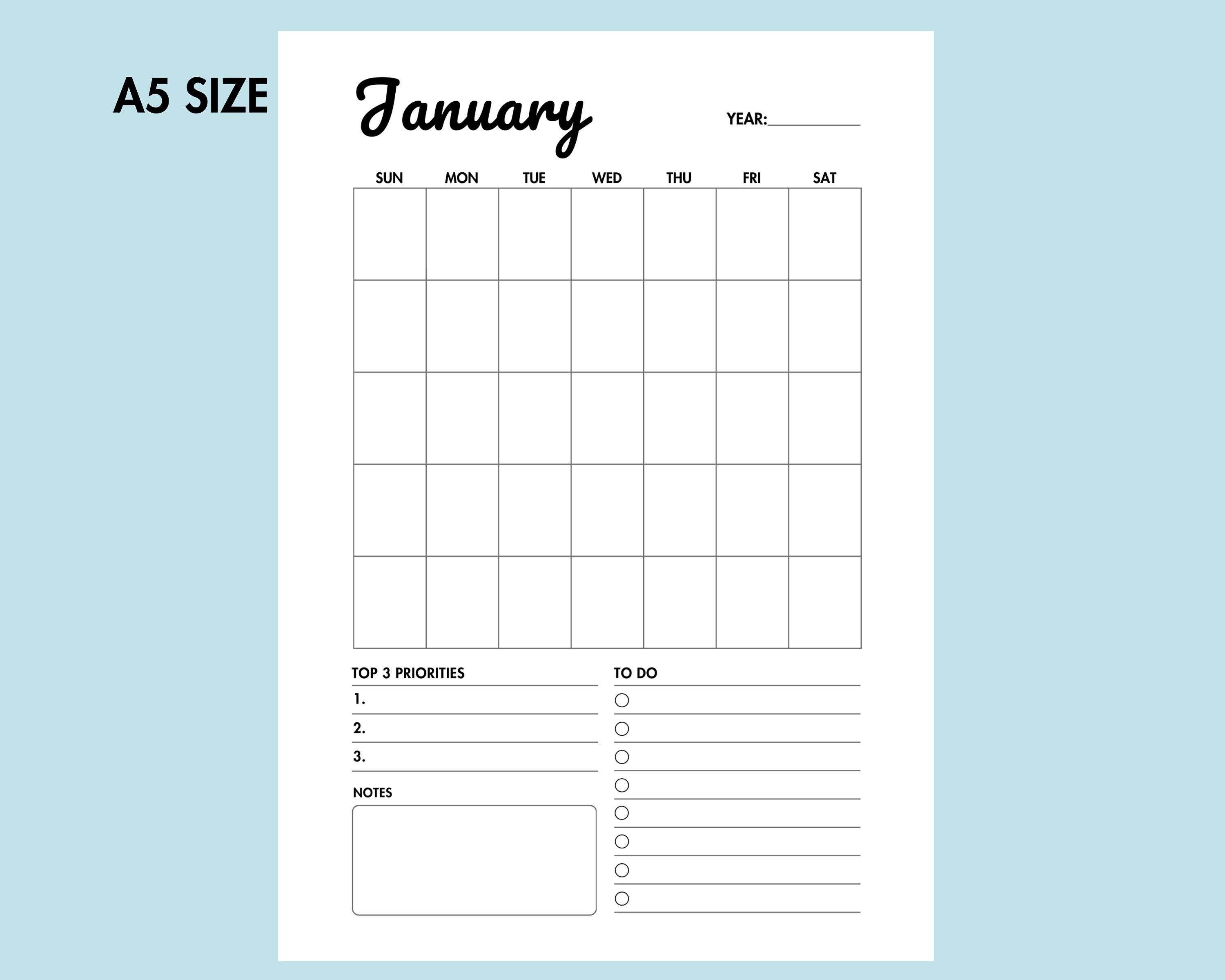 Monthly Calendar Undated Printable Monthly Schedule Planner PDF, 12 ...