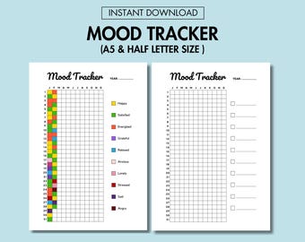 May include: Two printable mood tracker sheets in black and white. The left sheet has a grid with numbers 1-31 and the months of the year. The right sheet has a grid with numbers 1-31 and a blank space for the year. Both sheets have a title that says "Mood Tracker".