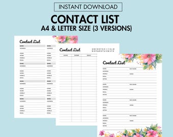 Contact List Printable Address Book PDF Phone Number Organizer, Emergency Contact Information Printable Email Address Log Family Contact PDF