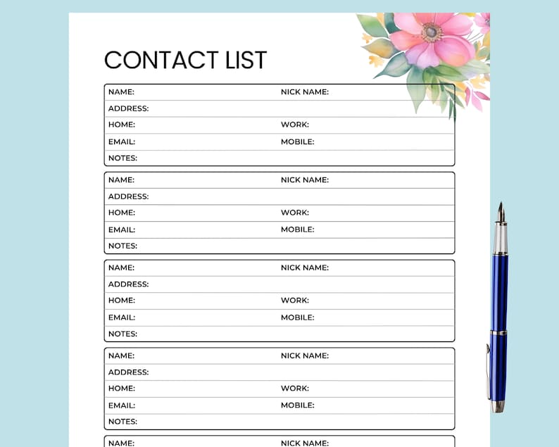 May include: A printable contact list with a floral design. The list includes fields for name, address, home phone, work phone, email, mobile phone, and notes.