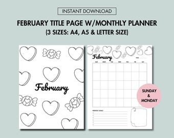 February Journal Cover and February Monthly Planner Undated Printable February Title Page with Monthly Calendar PDF Sunday and Monday Start