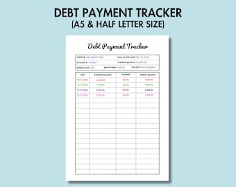 May include: A black and white printable debt payment tracker with columns for date, starting balance, payment, and ending balance. The tracker includes a section for creditor, account number, interest rate, minimum payment, goal payoff date, starting balance, and due date.