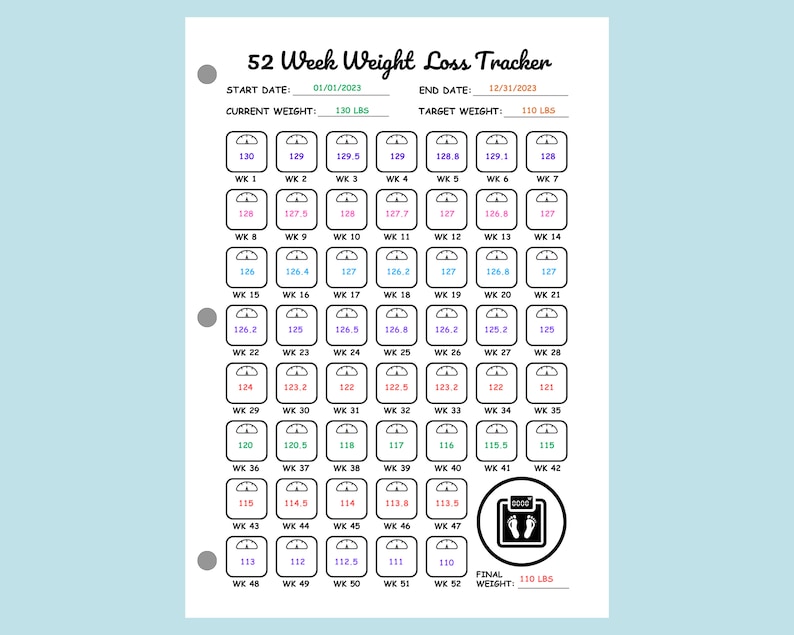 May include: A black and white weight loss tracker with a scale icon. The tracker is divided into 52 weeks, with each week having a circle to record weight. The tracker includes a start date, end date, current weight, and target weight.