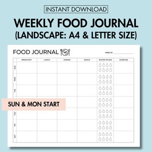 Diario de alimentación semanal imprimible, planificador de comidas y registro de agua, registro de actividad física diaria imprimible en PDF, diario de salud y bienestar.