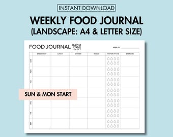 Wekelijks voedingsdagboek Afdrukbaar Wekelijks voedingsdagboek, maaltijdplanner en watertracker Afdrukbaar dagelijks fitnesslogboek pdf Gezondheids- en welzijnsdagboek