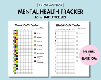 Seguimiento de la salud mental Planificador de cuidado personal imprimible Diario de bienestar Seguimiento de la depresión Seguimiento de la ansiedad Seguimiento anual del estado de ánimo Página de diario A5