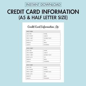 Registro de información de tarjeta de crédito Organizador de información de inicio de sesión de cuenta de tarjeta de crédito imprimible, planificador de ID de inicio de sesión y sitio web de tarjeta de crédito, página de diario A5