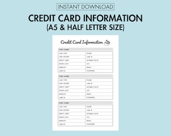 Credit Card Information Log Printable Credit Card Account Login Info Organizer,  Credit Card Website and Login ID Planner A5 Journal Page