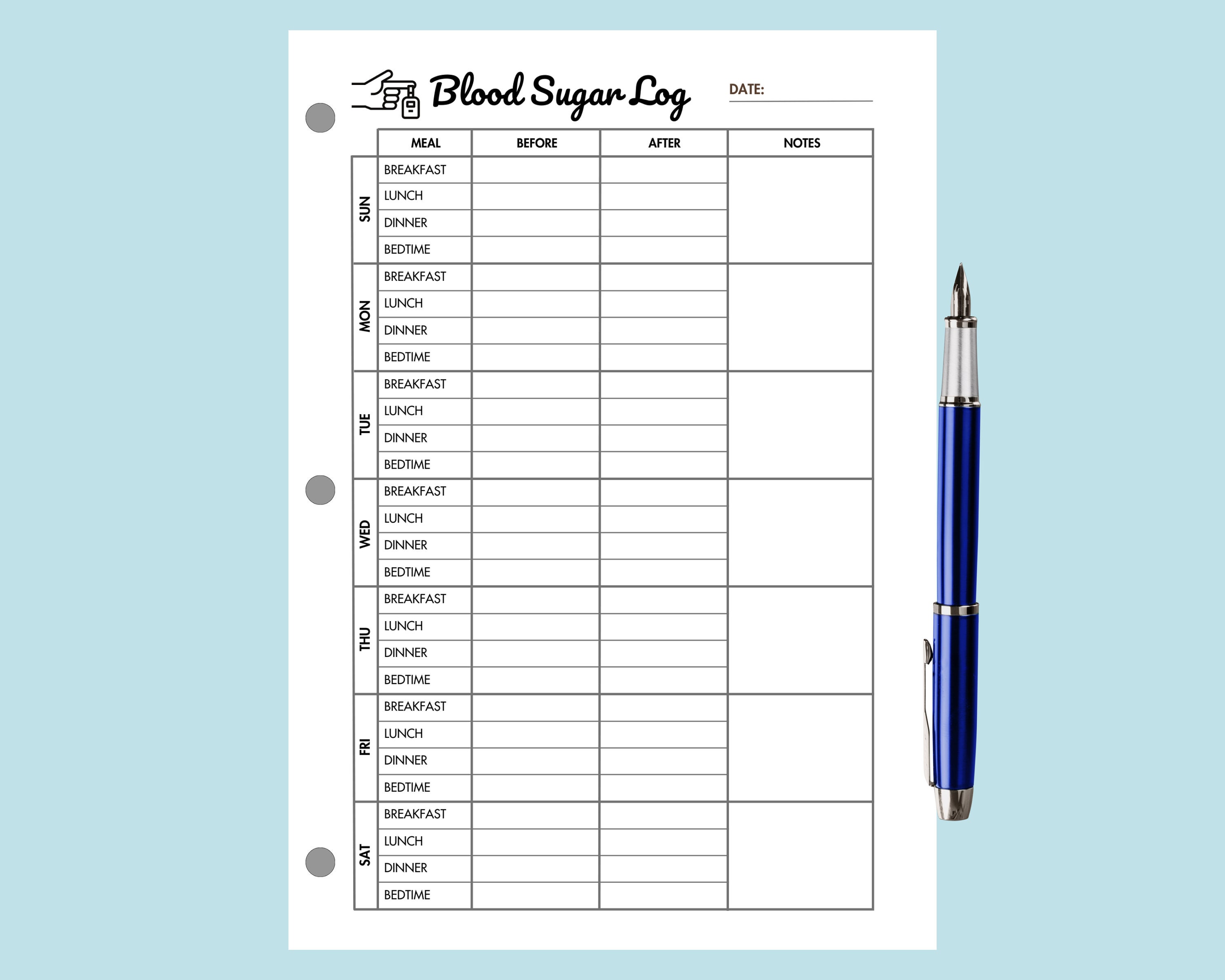 Blood Sugar Log Printable Weekly Diabetes Tracker, Blood Sugar Journal ...