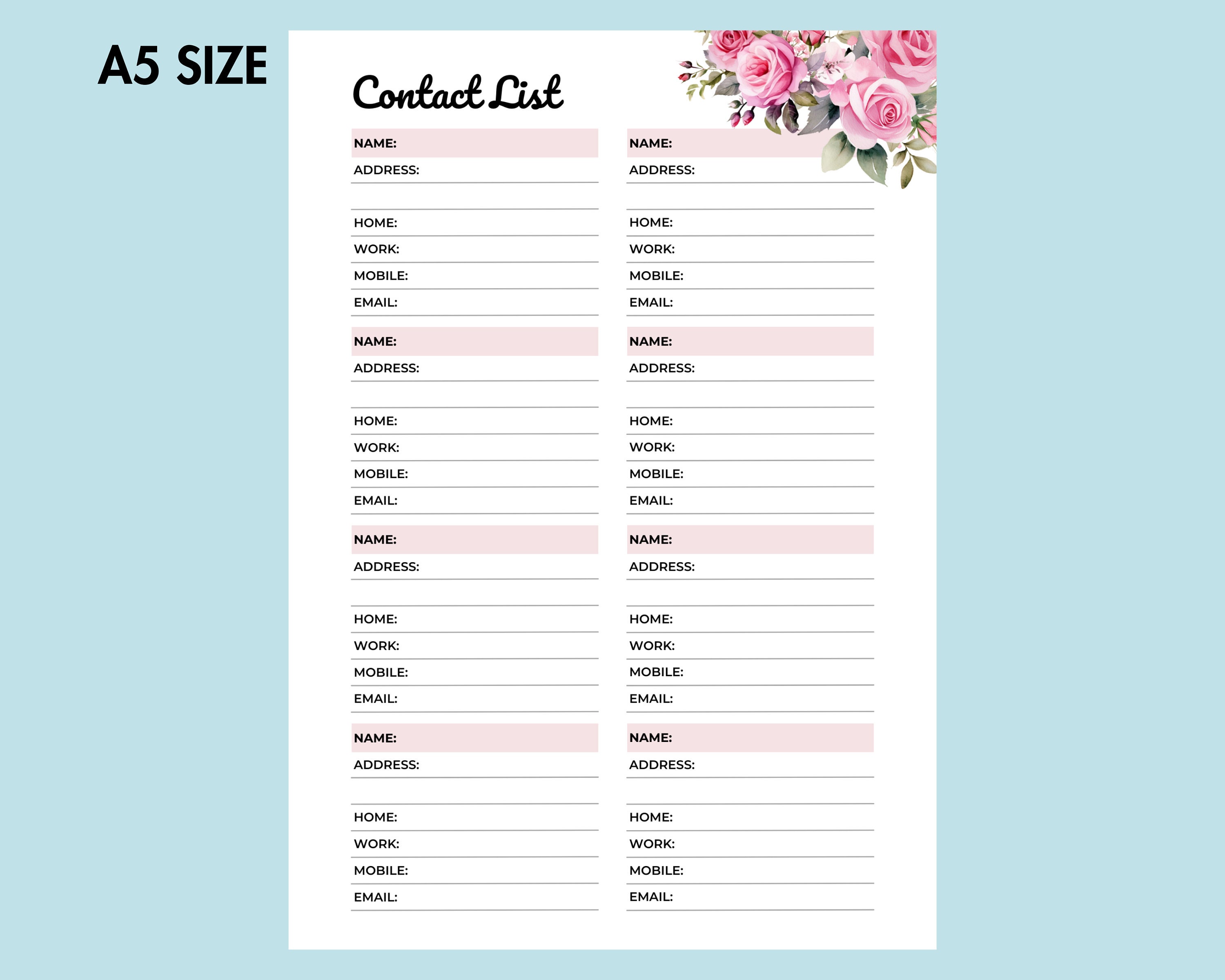 Contact List Printable Contact Organizer Address Book Pages, A5 Planner ...