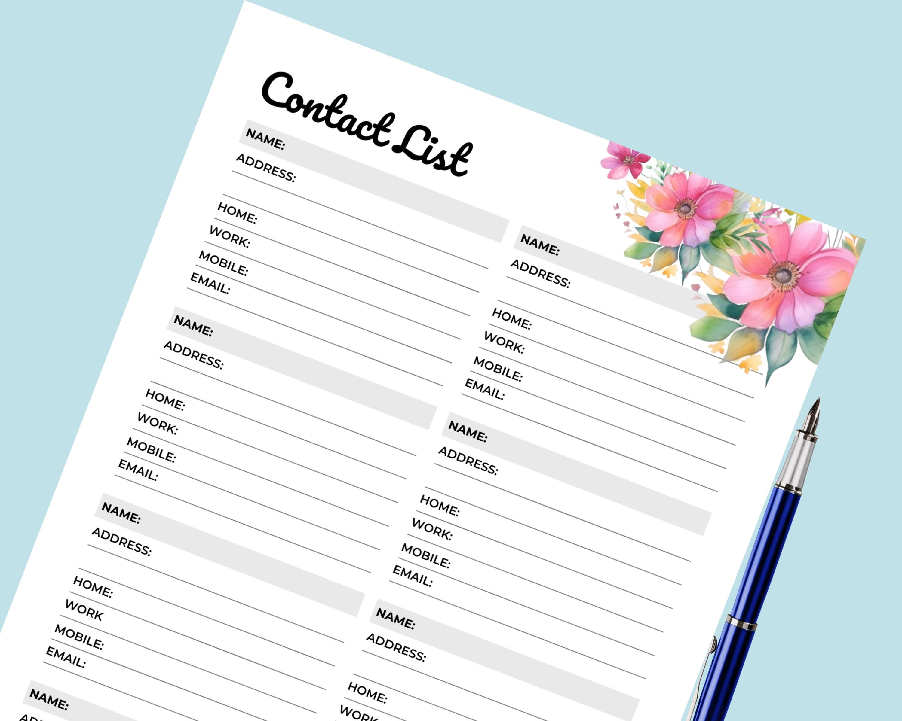Contact List Printable Address Book PDF Phone Number Organizer ...