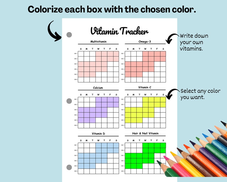 May include: A printable vitamin tracker with a grid for each day of the week. The tracker includes sections for multivitamin, omega-3, calcium, vitamin C, vitamin D, and hair and nail vitamins. The grid is colour-coded with pink, light pink, purple, yellow, light blue, and green.