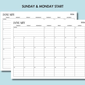 May include: Two white 2026 January calendars with a light blue background. The calendars have a grid layout with days of the week and dates. The text "SUNDAY & MONDAY START" is at the top. The calendars include space for notes.