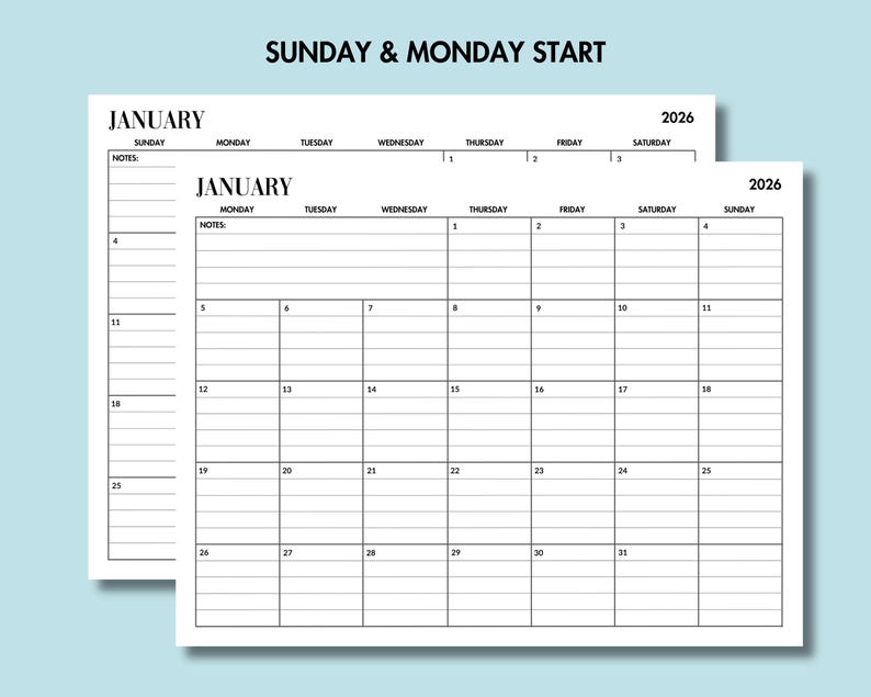 May include: Two white 2026 January calendars with a light blue background. The calendars have a grid layout with days of the week and dates. The text "SUNDAY & MONDAY START" is at the top. The calendars include space for notes.