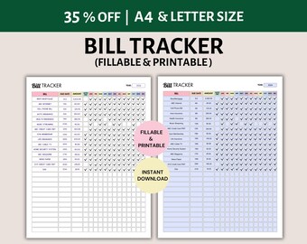 Bill Tracker Fillable Bill Payment Tracker Instant Download Debt Payment Tracker Bill Pay Organizer Bill Planner Personal Finance Planner