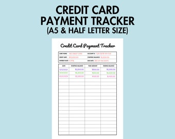Suivi des paiements par carte de crédit pour les finances personnelles Suivi des paiements de factures par carte de crédit téléchargeable, paiement imprimable des dettes au format PDF, pages de journal A5