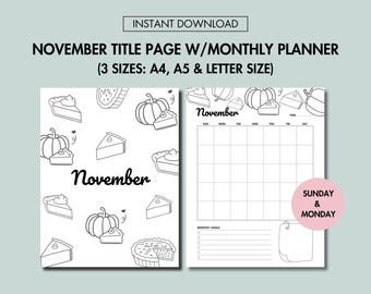 November Planner Title Page & November Monthly Planner Undated Set Printable November Journal Cover Page and November Calendar Undated PDF
