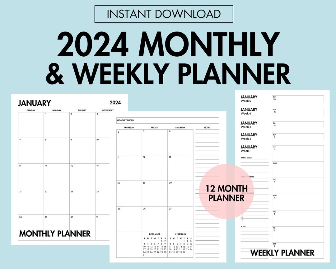 Monthly Weekly Planner 2024 Monthly Calendar Printable, 2024 Weekly