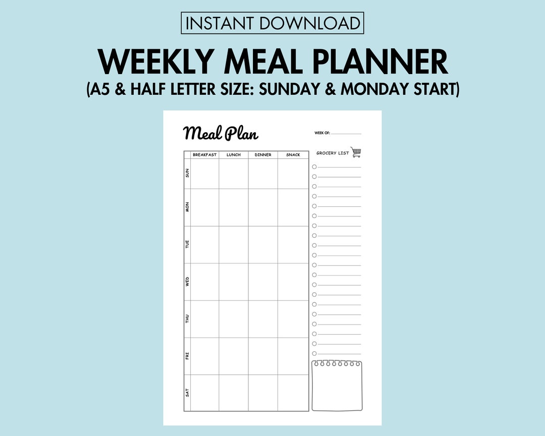 Meal Planner Printable Weekly Food Journal Grocery Shopping List PDF ...