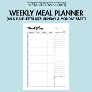Meal Planner Printable Weekly Food Journal Grocery Shopping List PDF Meal Schedule Printable Meal Prep A5 Health and Wellness Journal Page