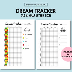 Dream Tracker Afdrukbaar droomdagboek Notitie Dagelijkse jaarlijkse slaaptracker Droomdagboek Afdrukbaar jaar in Pixel Zelfzorglogboek A5-dagboekpagina