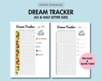 May include: A printable dream tracker with a pre-filled form and a blank form. The pre-filled form has a grid with coloured squares to track dreams by month and year. The blank form has a grid with lines to track dreams by month and year.