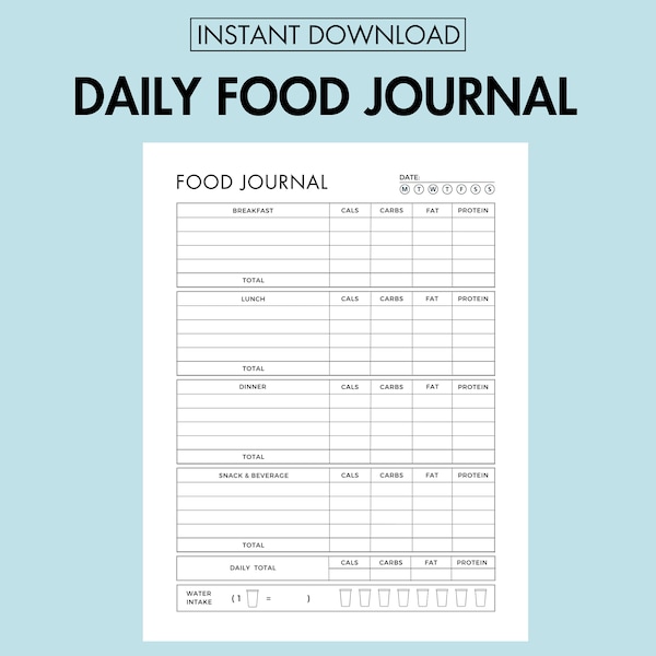 Daily Food Journal Printable Food Monitoring Log, Daily Meal Planner, Daily Food Tracker, Calorie and Meal Planner, Weight Loss Planner
