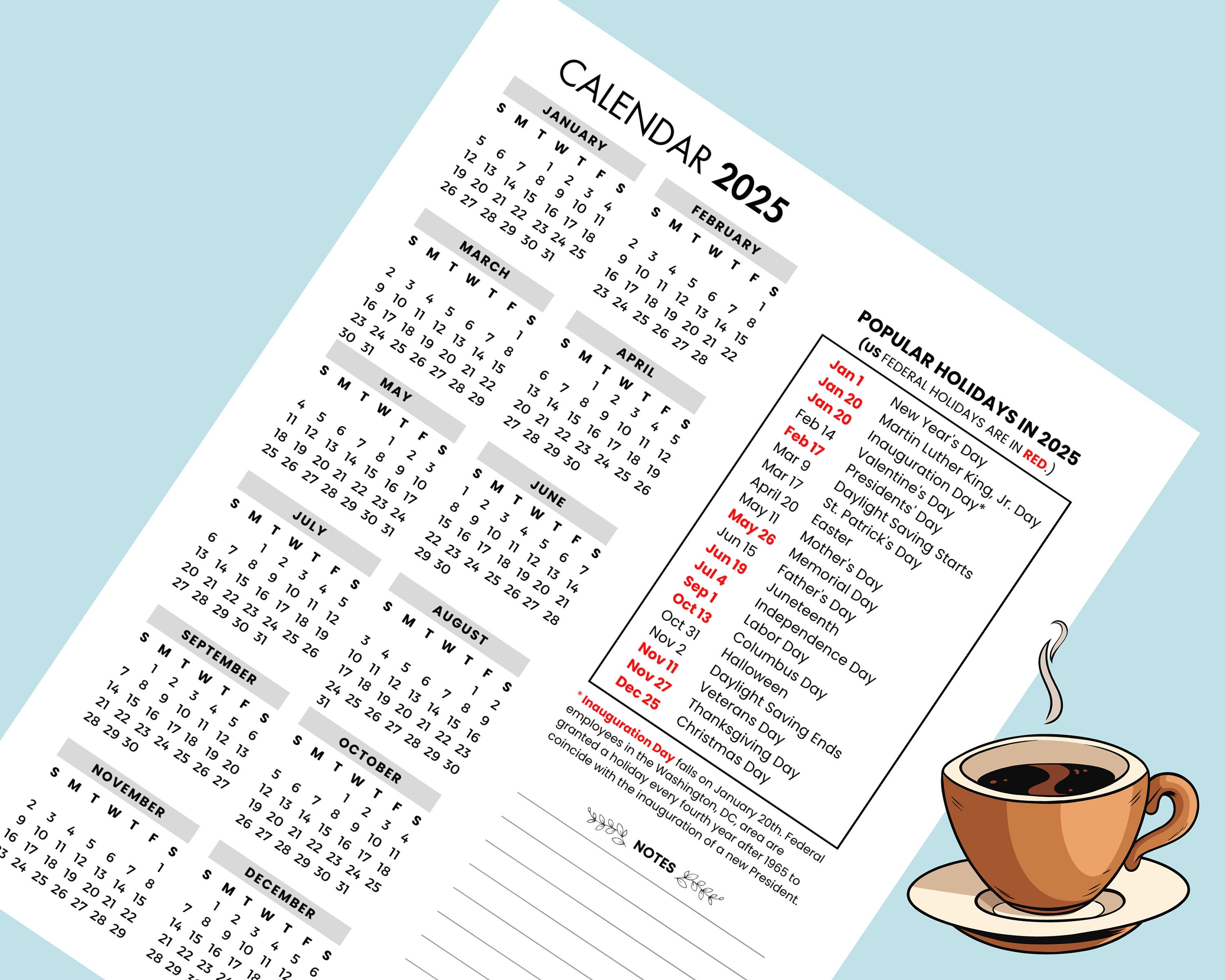 2025 Yearly Calendar With Holidays 2025 Yearly Overview Printable 2025 ...