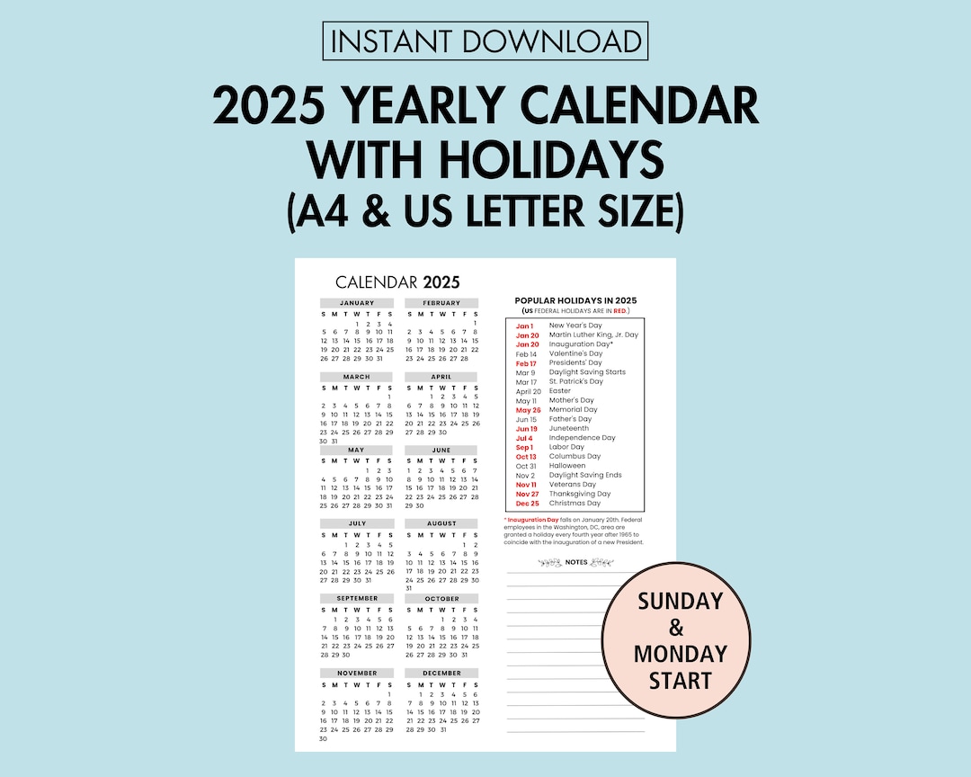 2025 Yearly Calendar With Holidays 2025 Yearly Overview Printable 2025 Year at a Glance 2025 Holiday Calendar PDF, Sunday & Monday Start - Etsy printable-calendar-2025-messy-little-monster-shop