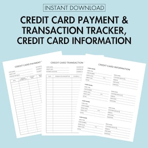 Suivi des paiements par carte de crédit Suivi des transactions par carte de crédit imprimable, informations sur la carte de crédit PDF Planificateur de remboursement de la dette Organisateur financier