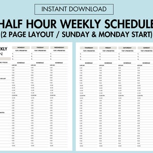 Half Hour Weekly Planner with Time Block Printable Minimalist Half Hour Weekly Planner, Weekly Schedule Organizer Weekly To Do List Planner