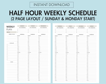 Half Hour Weekly Planner with Time Block Printable Minimalist Half Hour Weekly Planner, Weekly Schedule Organizer Weekly To Do List Planner