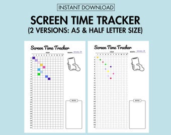 Screen Time Tracker Printable Digital Screen Time Management Tracker, Daily Yearly Screen Checklist Printable Habit Tracker A5 Journal Page