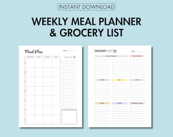May include: Printable weekly meal planner and grocery list template. The planner has a section for breakfast, lunch, dinner, and snacks for each day of the week. The grocery list is divided into categories: fruits & vegetables, meat & seafood, frozen, dairy, pantry, bakery, beverages, and household & others.