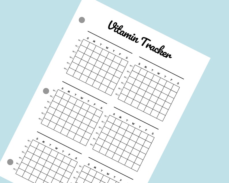 May include: A printable vitamin tracker with four weekly grids. Each grid is labelled with the days of the week: Sunday, Monday, Tuesday, Wednesday, Thursday, Friday, and Saturday. The grids are divided into rows labelled with numbers 1 through 10.