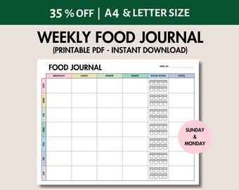 Weekly Food Journal Printable Weekly Food Diary, Meal Prep Planner with Water Tracker, Food Tracker Printable Weekly Food Log Food Checklist