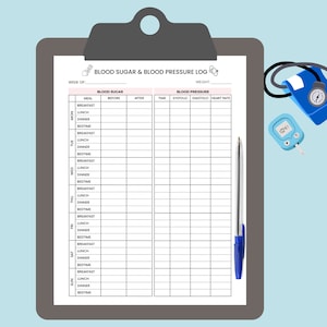 May include: A printable blood sugar and blood pressure log with a weekly calendar, space to record blood sugar levels before and after meals, and blood pressure readings. The log is on a clipboard with a blue pen and a blood glucose meter.