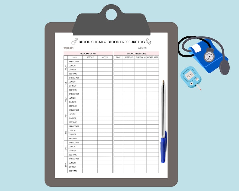 May include: A printable blood sugar and blood pressure log with a weekly calendar, space to record blood sugar levels before and after meals, and blood pressure readings. The log is on a clipboard with a blue pen and a blood glucose meter.